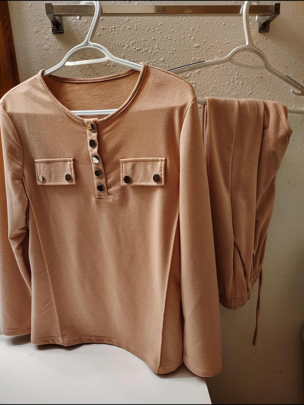 Cozy Button-Front Lounge Top & Pants Set - Pink